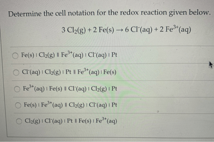 Determine the cell notation for the redox reaction given below